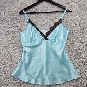 Vintage IZ Byer Cami Tank Top Womens Large Blue Satin Lace Babydoll Y2K Fairy